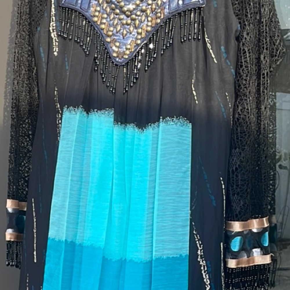 Elegant Black and Blue Dress with Fringe